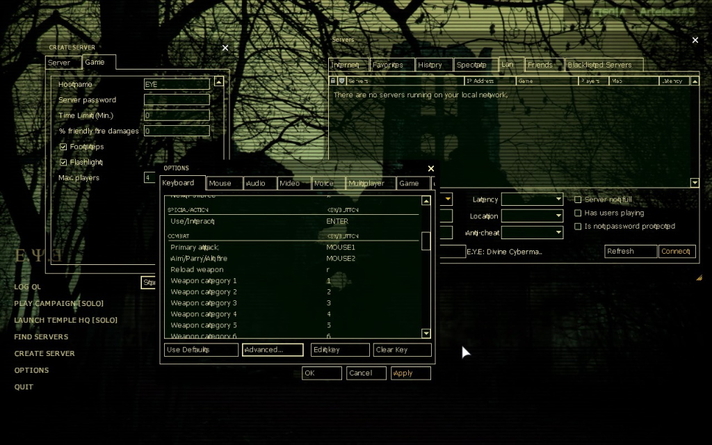 Screenshot of E.Y.E.: Divine Cybermancy's main menu, showcasing scuffed text rendering