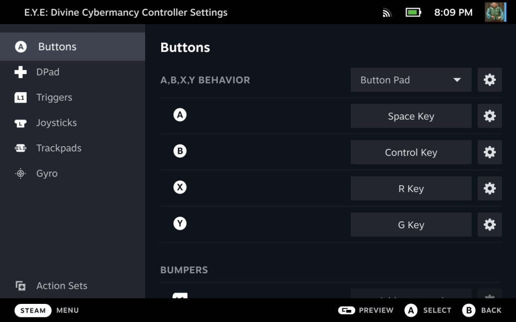 Screenshot of Steam Input's Controller Configurator, binding keyboard keys to the face buttons of the Steam Deck