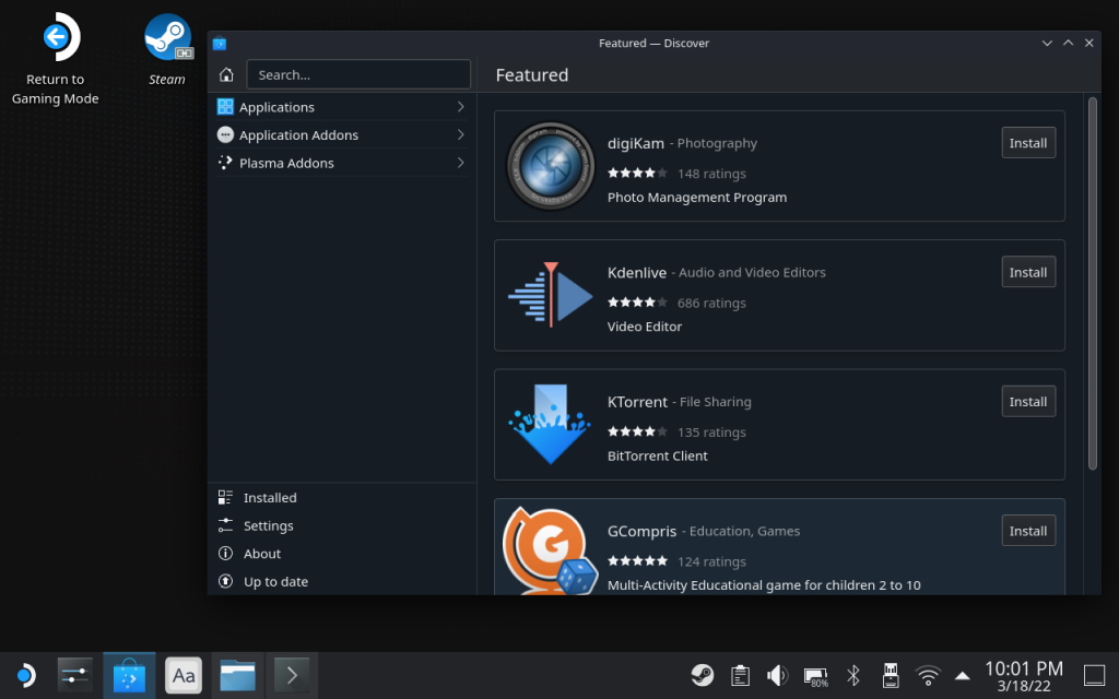 Screenshot of the KDE Discover app running in the Steam Deck's desktop mode