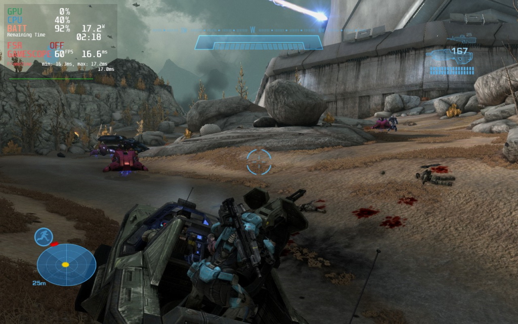 Screenshot of Halo Reach's campaign running on the Steam Deck, along with the performance overlay in the corner