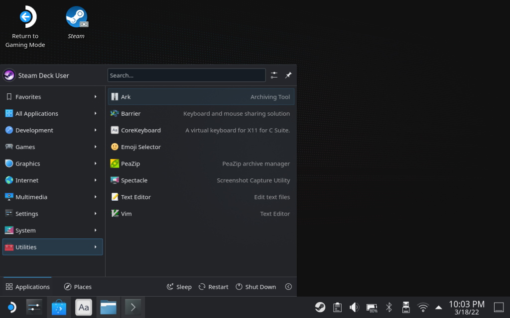 Screenshot of the Steam Deck in desktop mode, showing off KDE Plasma's application menu